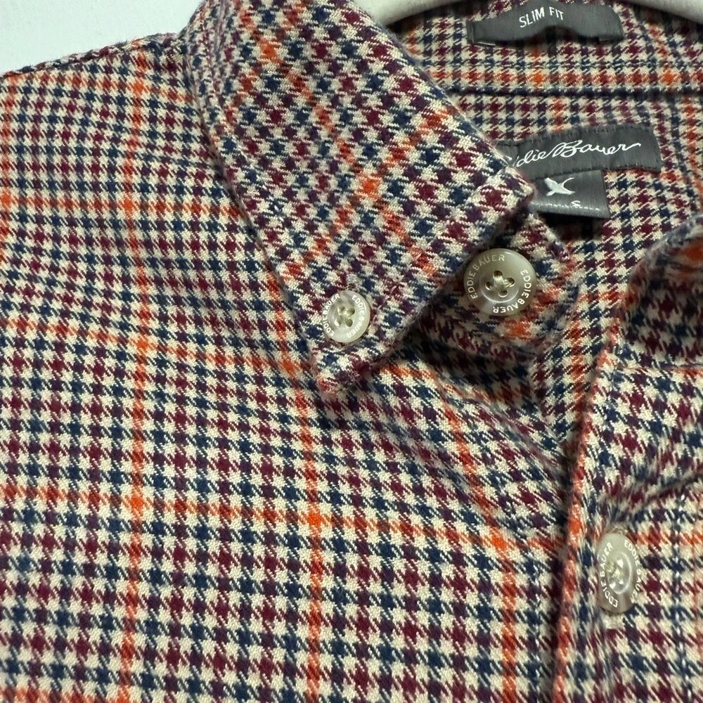 Eddie Bauer Mens Slim‎ Fit Houndstooth Button Down Shirt Small Burgundy Navy S